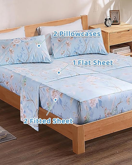 QSH 100% Cotton Floral Sheets for Split King Size Bed, Blue Flowers Plant Pattern Botanical Luxury Cotton Printed Floral Bedding Split King Sheet with Deep Pockets 17" Soft and Breathable 5pcs - LeafyLoom