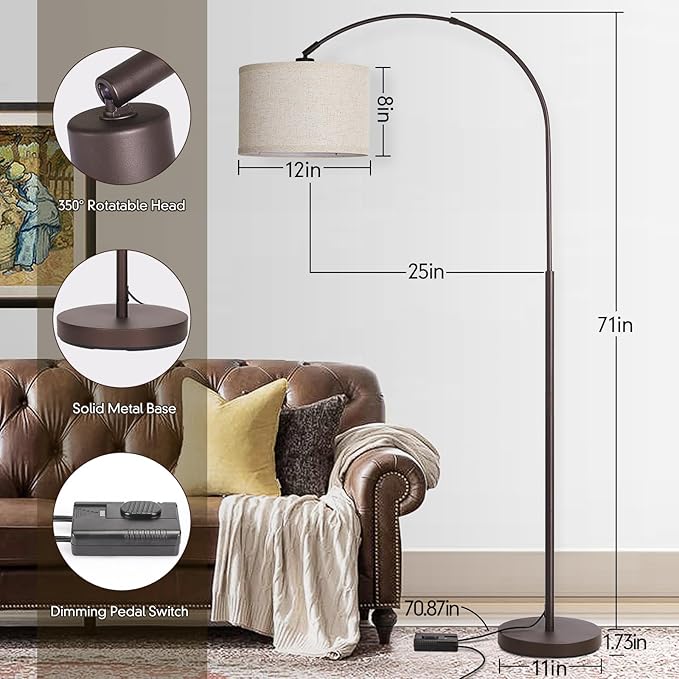 Dimmable Arc Floor Lamp, Floor Lamps for Bedroom, Farmhouse Standing Lamp with Adjustable Hanging Shade, Brown Tall Pole Lamp, Mid Century Floor Lamp for Living Room, Over Couch, 9W LED Bulb Included - LeafyLoom