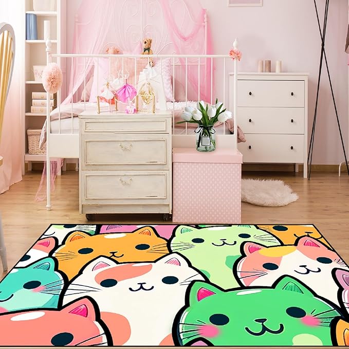 Cat Rug for Girls Room - Cat Pattern Rug Decor for Bedroom Cute Cat Area Rug Carpet Cartoon Cat Rug Kids Room, 3x4 Feet - LeafyLoom