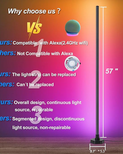Smart RGB Corner Floor Lamp,Led Color Changing Corner Light Compatible with Alexa & App,Remote Control,16 Million DIY Colors, Music Sync, Timer for Living Rooms, Bedrooms and Gaming Rooms - LeafyLoom