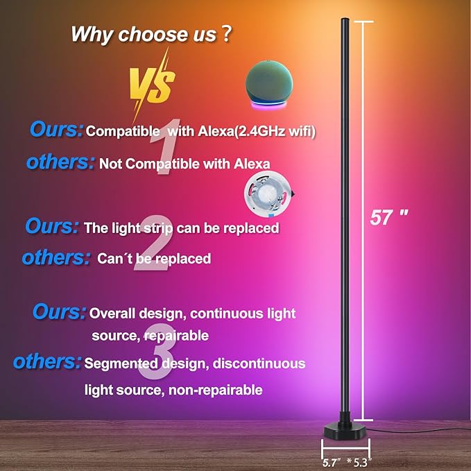 Smart RGB Corner Floor Lamp,Led Color Changing Corner Light Compatible with Alexa & App,Remote Control,16 Million DIY Colors, Music Sync, Timer for Living Rooms, Bedrooms and Gaming Rooms - LeafyLoom