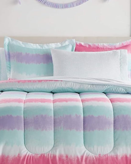 dream FACTORY Kids 7-Piece Complete Set Easy-Wash Super Soft Microfiber Comforter Bedding, Full, Purple Multi Tie Dye Stripe - LeafyLoom