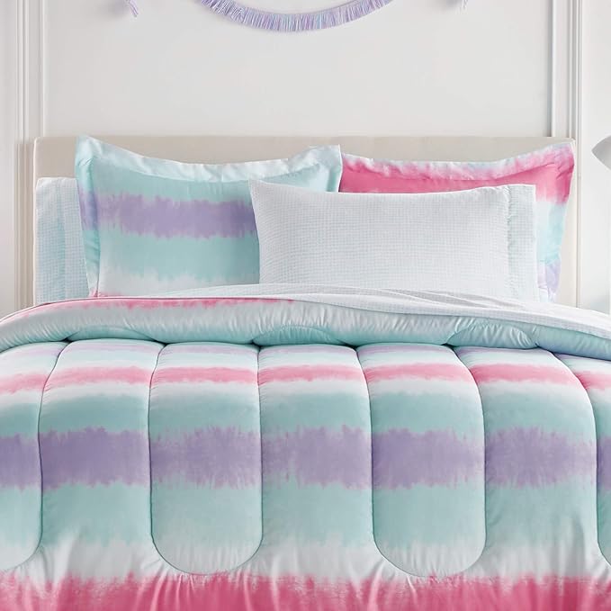 dream FACTORY Kids 7-Piece Complete Set Easy-Wash Super Soft Microfiber Comforter Bedding, Full, Purple Multi Tie Dye Stripe - LeafyLoom