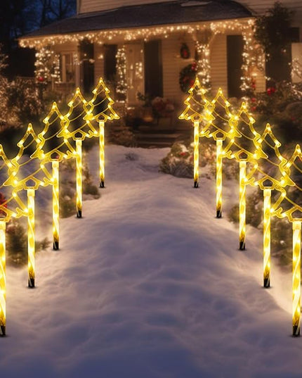 Solar Christmas Pathway Lights Outdoor Decorations, 8 Modes Xmas Tree Candy Lights Waterproof Led Garden Stake Lights for Walkway Yard Lawn Porch Holiday Decor 5-Pack (Warm White Xmas Tree Lights) BRIGHTDECK