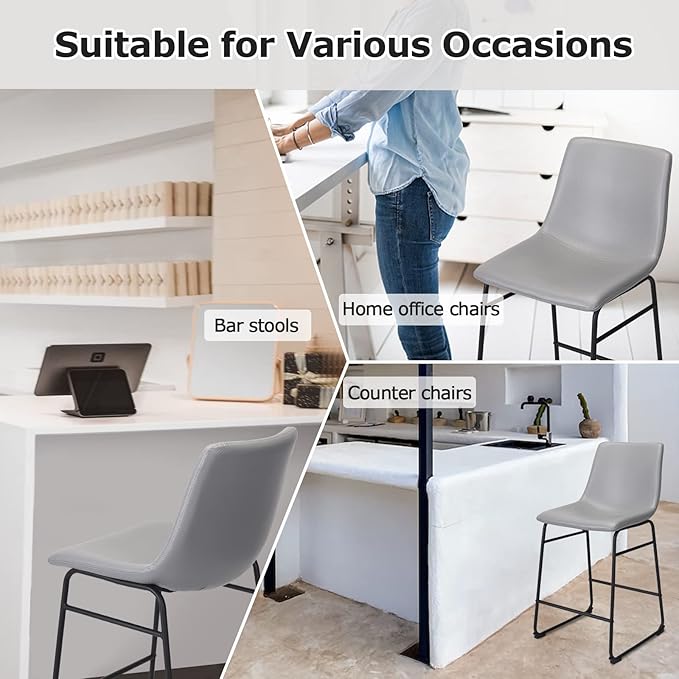 Bar Stools Set of 2, 26 Inches Bar Stool with Back, Carbon Fiber Bar Chair with Metal Legs (Light Grey) - LeafyLoom