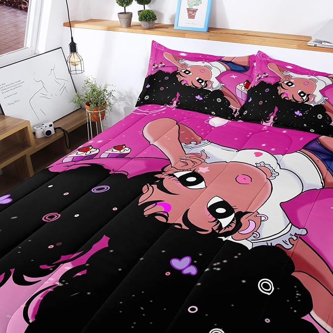 African American Black Girl Comforter Set, Twin Size Bedding Set for girls, Pink Black Girls Bedroom Decor Bed Set, Princess Bedding Set with 1 Comforter and 2 Pillow Cases - LeafyLoom