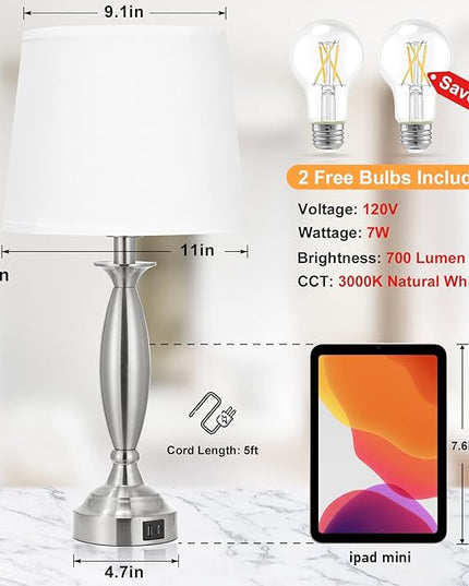 White Lamps for Bedrooms Set of 2 - Touch Control Bedside Lamp with USB C+A, 3 Way Dimmable Nightstand Lamps with USB Port, Table Lamp for Living Room(White Shade and Nickel Base) - LeafyLoom