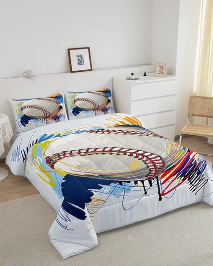 Erosebridal Baseball Comforter Set for Boys Kids Full Grunge Graffiti Baseball Bedding Set Sports Theme Bed Comforter Sets Watercolor Hippie Tie Dye Quilt Duvet 2 Pillow Cases Hand Drawn Navy - LeafyLoom