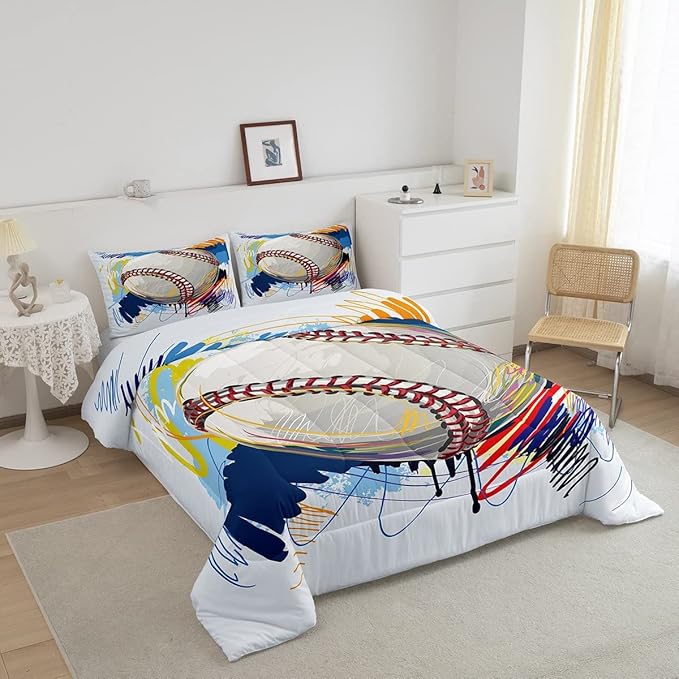 Erosebridal Baseball Comforter Set for Boys Kids Twin Grunge Graffiti Baseball Bedding Set Sports Theme Bed Comforter Sets Watercolor Hippie Tie Dye Quilt Duvet 1 Pillow Case Hand Drawn Navy - LeafyLoom