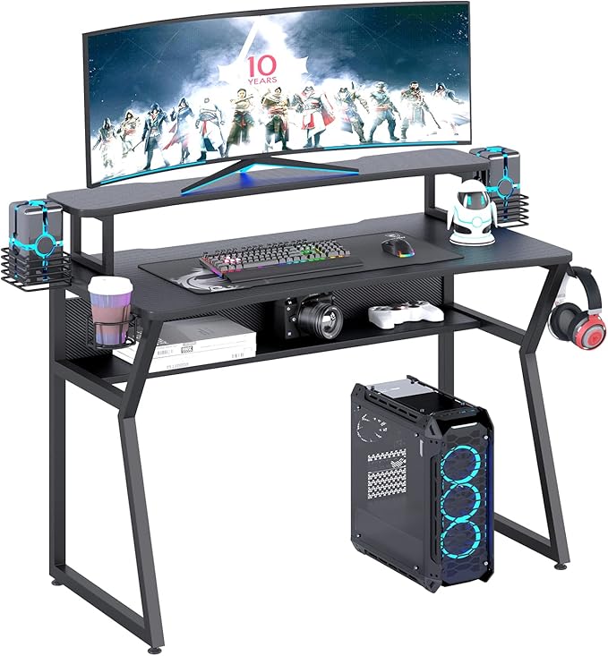 Gaming Desk, Computer Desk with Large Monitor Stand and Open Shelf,Gamer Table Workstation with Cup Holder, Headphone Hook, 2 Speaker Stand for Home Office (Black Carbon Fiber) - LeafyLoom