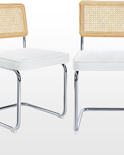 Zesthouse Mid Century Modern Dining Chairs Set of 2, Velvet Accent Chairs with Natural Cane Back & Stainless Chrome Base, Famous Breuer Designed Chairs, Upholstered Rattan Kitchen Chairs - LeafyLoom