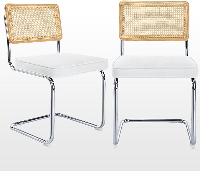 Zesthouse Mid Century Modern Dining Chairs Set of 2, Velvet Accent Chairs with Natural Cane Back & Stainless Chrome Base, Famous Breuer Designed Chairs, Upholstered Rattan Kitchen Chairs - LeafyLoom