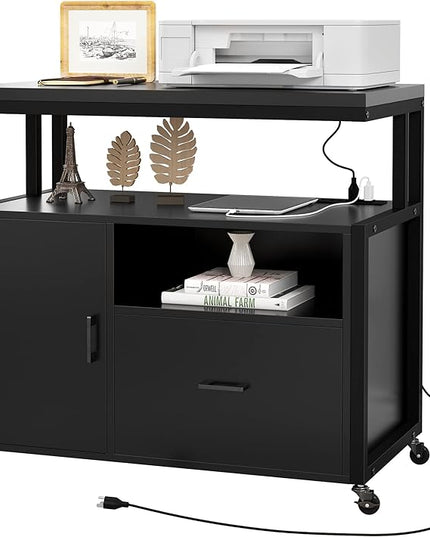 YITAHOME Wood File Cabinet with Charging Station, Rolling Filing Cabinet Cart with Door, Industrial Nightstand with Printer Shelf for Home Office, Bedroom, Living Room, Entryway, Black - LeafyLoom