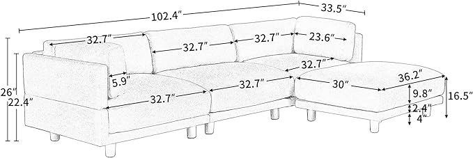 Convertible L-Shaped Sofa with Reversible Chaise, Ottoman & 2 Pillows, Oversized 4 Seat Upholstered Modular Sectional Couch Set w/Extra Deep Seats for Living Room Furniture, Apartment, Office - LeafyLoom