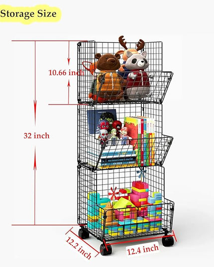 3 Tier Metal Wire Baskets - Toy Organizer Basket Shelf with Wheel, S-Hooks, Rolling Cart Hanging Storage Baskets for Child Room, Playroom, Bedroom, Kitchen (Black) - LeafyLoom