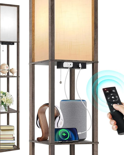 OUTON Floor Lamp with Shelves, Dimmable Shelf Floor Lamp with 1 USB & 1 Type C Ports, 1 Power Outlet, Modern Standing Lamp with 4 Color Temperature for Living Room, Bedroom, Dark Grey - LeafyLoom
