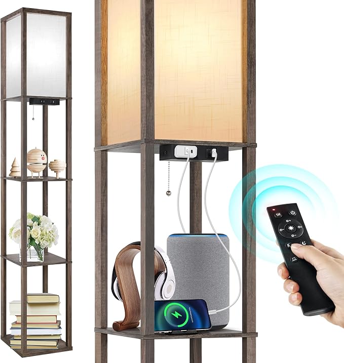 OUTON Floor Lamp with Shelves, Dimmable Shelf Floor Lamp with 1 USB & 1 Type C Ports, 1 Power Outlet, Modern Standing Lamp with 4 Color Temperature for Living Room, Bedroom, Dark Grey - LeafyLoom