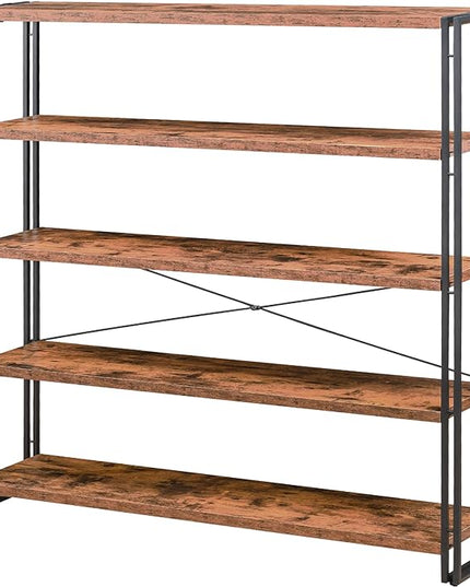 HCHQHS Bookshelf, 5-Tier Industrial Bookcase, Rustic Open Book Shelf, Freestanding Tall Bookshelves with Metal Frame - LeafyLoom