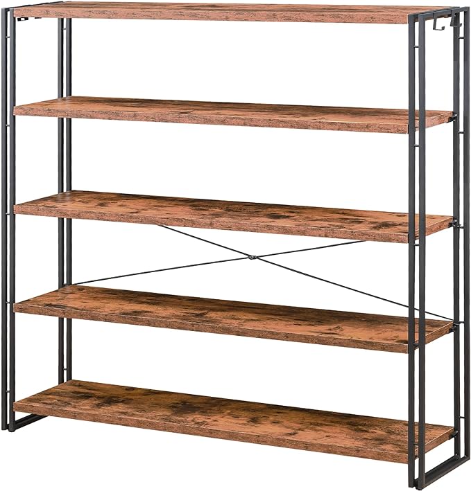 HCHQHS Bookshelf, 5-Tier Industrial Bookcase, Rustic Open Book Shelf, Freestanding Tall Bookshelves with Metal Frame - LeafyLoom