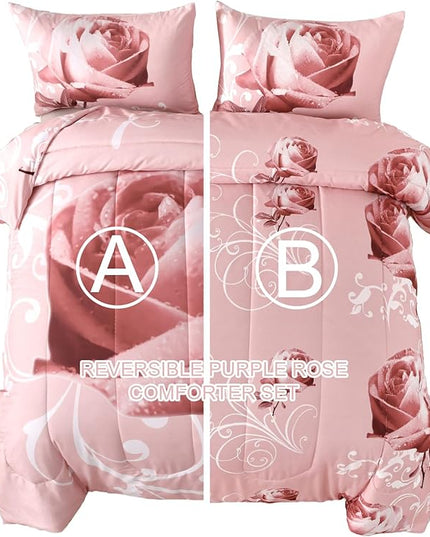 WONGS BEDDING Pink Comforter Set Queen Reversible Pink Rose Pattern Printed Bedding Comforter Set with 2 Pillowcases for All Season, Soft Microfiber Filling Bedding Set 90"x90" - LeafyLoom