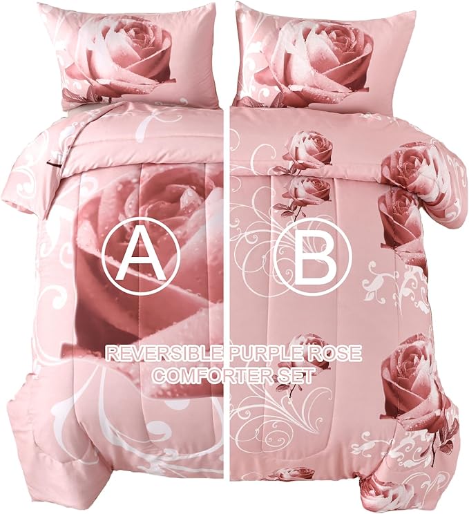 WONGS BEDDING Pink Comforter Set Queen Reversible Pink Rose Pattern Printed Bedding Comforter Set with 2 Pillowcases for All Season, Soft Microfiber Filling Bedding Set 90"x90" - LeafyLoom