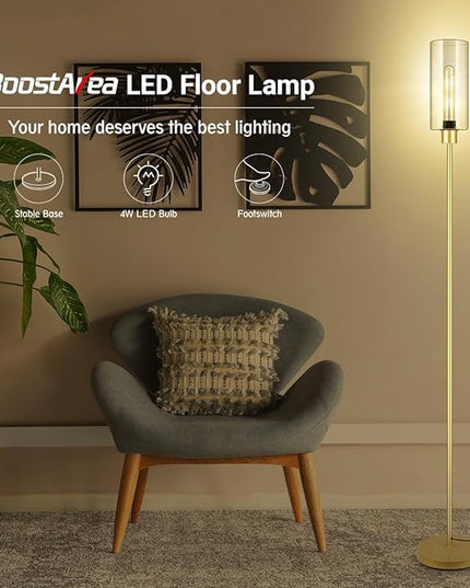 BoostArea Floor Lamp for Living Room, Gold Modern Standing Lamp Stand Up Lamp with Glass Lampshade, Simple Design Floor Lamp Pole Lamp Tall Lamps for Bedroom, Living Room, Office, Kids Room, Reading - LeafyLoom