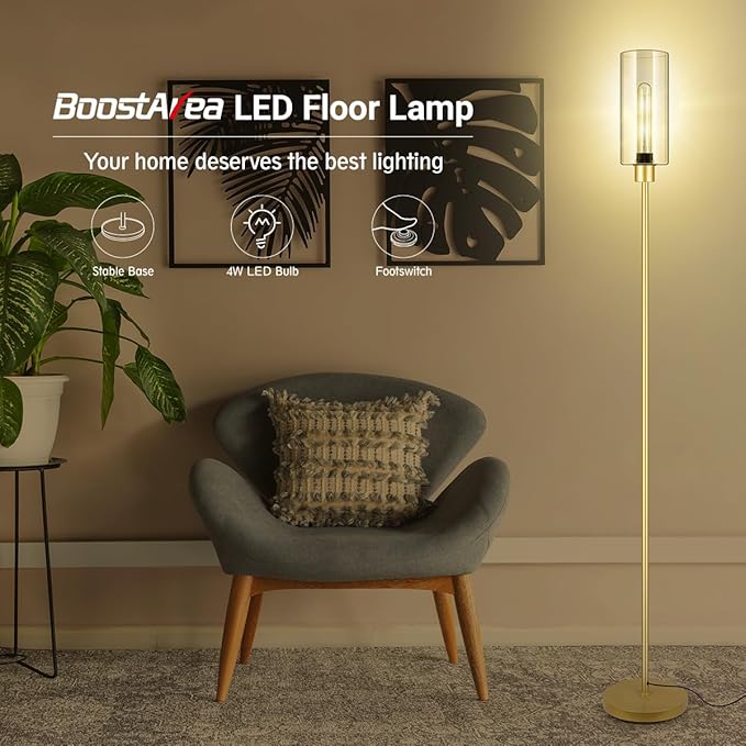BoostArea Floor Lamp for Living Room, Gold Modern Standing Lamp Stand Up Lamp with Glass Lampshade, Simple Design Floor Lamp Pole Lamp Tall Lamps for Bedroom, Living Room, Office, Kids Room, Reading - LeafyLoom