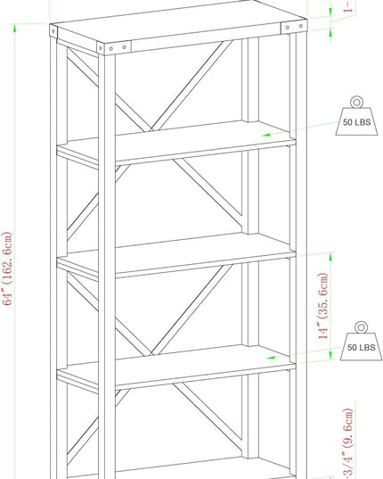 Walker Edison,4 shelves Andersen Urban Industrial Metal X Back Bookshelf, 64 Inch, White Oak - LeafyLoom
