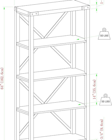 Walker Edison Andersen Urban Industrial Metal X Back 4 tier Bookshelf, 64 Inch, Rustic Oak - LeafyLoom