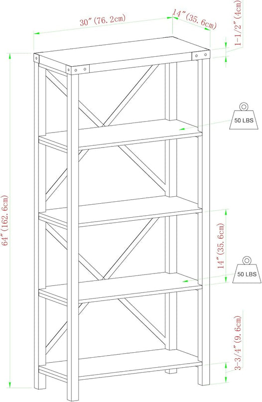 Walker Edison Andersen Urban Industrial Metal X Back 4 tier Bookshelf, 64 Inch, Rustic Oak - LeafyLoom