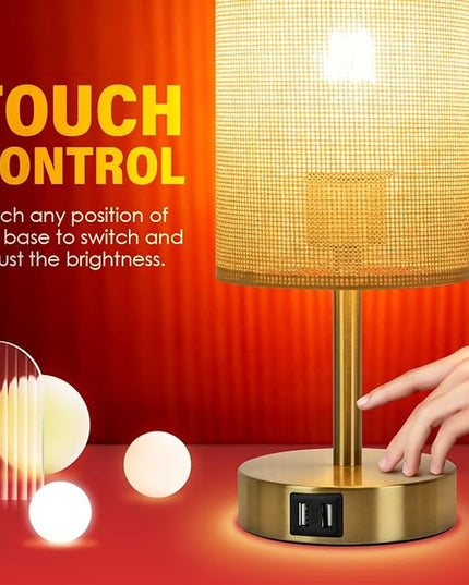 Yarra-Decor Bedside Lamp with USB Port - Touch Control Table Lamp for Bedroom Wood 3 Way Dimmable Nightstand Lamp with Round Flaxen Fabric Shade for Home Office (LED Bulb Included) (Y - NET) - LeafyLoom