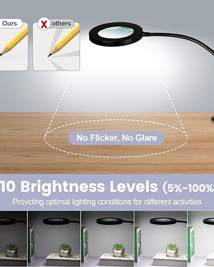 10X Magnifying Glass with Light and Stand,NUEYiO 3-Color Stepless Dimmable LED Magnifying Floor Lamp, 24" Gooseneck Adjustable Swing Arm Lighted Magnifier Lamp with Clamp for Reading Craft Esthetican - LeafyLoom
