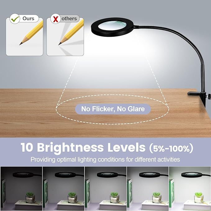 10X Magnifying Glass with Light and Stand,NUEYiO 3-Color Stepless Dimmable LED Magnifying Floor Lamp, 24" Gooseneck Adjustable Swing Arm Lighted Magnifier Lamp with Clamp for Reading Craft Esthetican - LeafyLoom