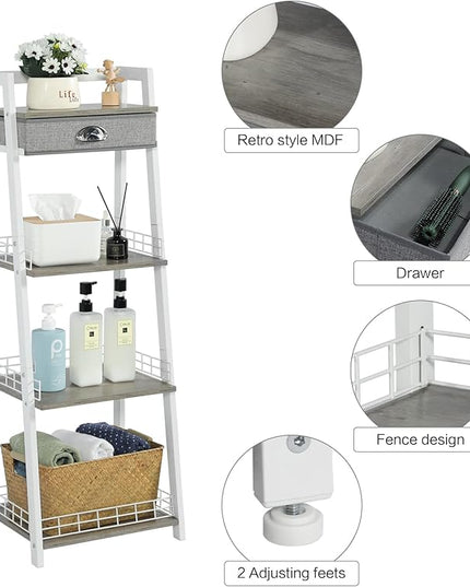 keomaisyto 4-Tier Elegant Ladder Shelf, Bathroom Storage Shelf, Ladder Bookshelf with Drawer, Freestanding Storage Shelves for Bathroom Living Room Study Office, White - LeafyLoom