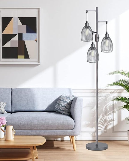 Dimmable Industrial Floor Lamps for Living Room, Gray Tree Standing Tall Lamps with 3 Elegant Teardrop Cage Head & 800 Lumens LED Bulbs for Bedroom Office - LeafyLoom