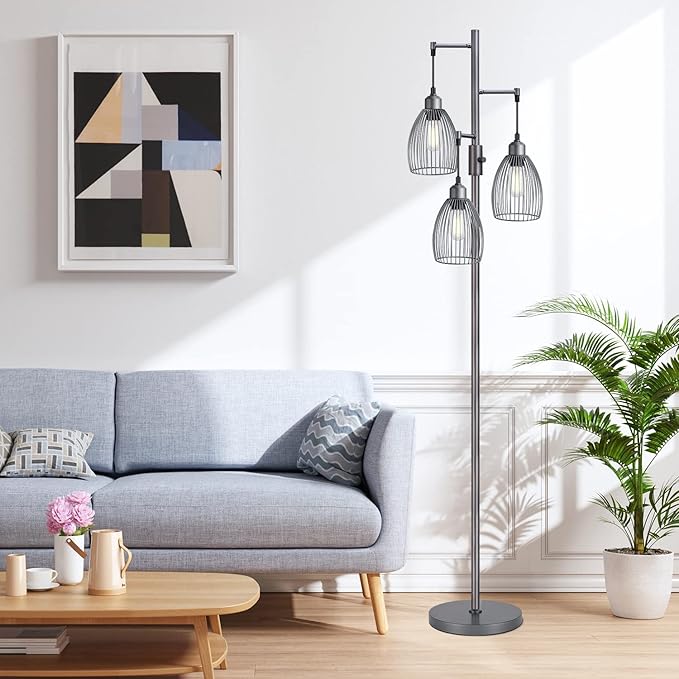 Dimmable Industrial Floor Lamps for Living Room, Gray Tree Standing Tall Lamps with 3 Elegant Teardrop Cage Head & 800 Lumens LED Bulbs for Bedroom Office - LeafyLoom