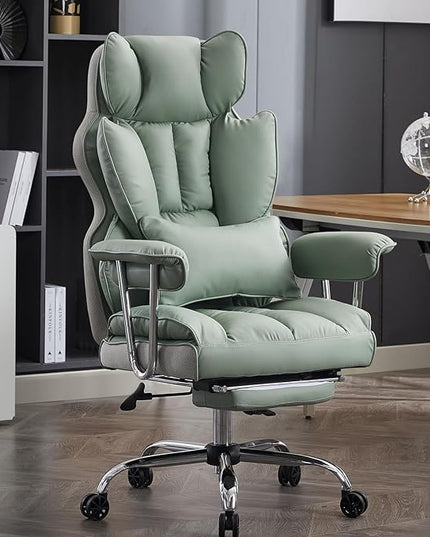 Desk Office Chair 400LBS,Big and Tall PU Leather Computer Chair, Executive Office Chair with Leg Rest and Lumbar Support, Light Green Office Chair - LeafyLoom