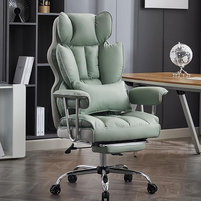 Desk Office Chair 400LBS,Big and Tall PU Leather Computer Chair, Executive Office Chair with Leg Rest and Lumbar Support, Light Green Office Chair - LeafyLoom