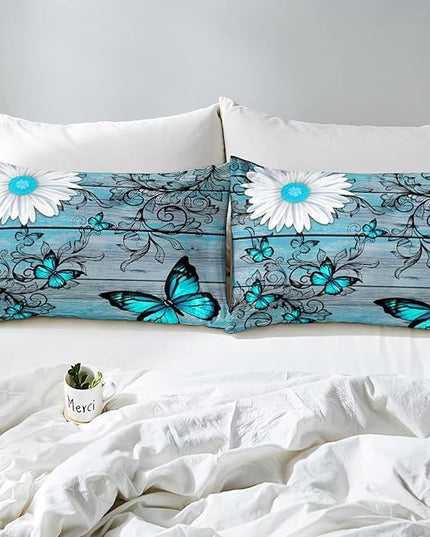 Butterfly Bedding Sets for Girls Teens Women Bedroom Rustic Flower Comforter Set,Blue Butterflies White Chic Floral Duvet Set Retro Vintage Romantic Style Quilt Set Full Size Soft Lightweight - LeafyLoom