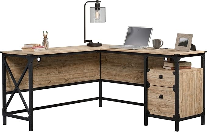 Sauder Steel River L-Shaped Desk, L: 59.84" x W: 57.32" x H: 29.53", Milled Mesquite Finish - LeafyLoom