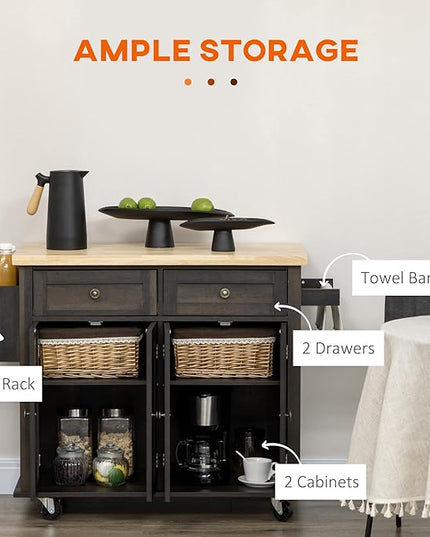 HOMCOM Kitchen Island on Wheels, Rolling Cart with Rubberwood Top, Spice Rack, Towel Rack and Drawers for Dining Room, Brown Oak - LeafyLoom