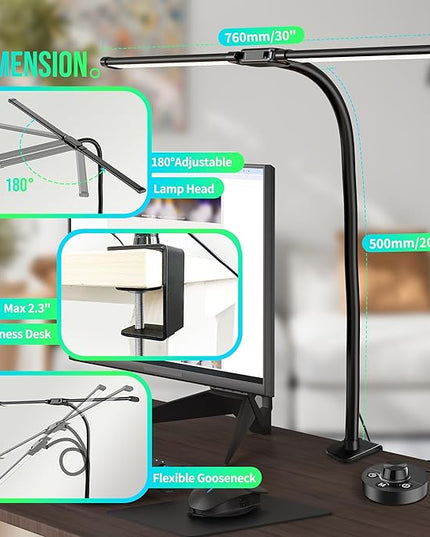 Desk Lamps for Home Office, 24W Ultra Bright Double Head Architect Task Lamp with Clamp, Desktop Stepless Dimmer 50 Lighting Modes Adjustable Flexible Gooseneck Table Light, Black, DH24W - LeafyLoom