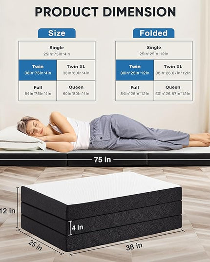 OLIXIS Tri-fold Memory Foam Mattress - 4 Inch Twin Size Portable Floor Bed, Foldable Mat for Kids and Adults, Collapsible and Washable Cover with CertiPUR-US Certified, for Travel & Camping & Yoga - LeafyLoom