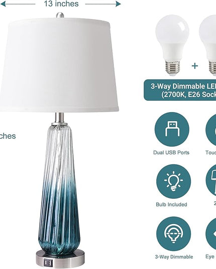Table Lamps Set of 2 with Touch Control, 3-Way Dimmable Modern Glass Bedside Lamps with 2 USB Ports, Nightstand Lamp with White Fabric Shade, 27.5" Large Lamps for Living Room Bedrooms Decorations - LeafyLoom