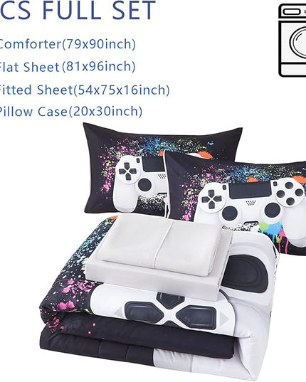KAKKI 5 Piece Boys Full Gamer Comforter Set with Sheets, 3D Colorful Video Game Controller Comforter for Kids Teen, All Season Soft Microfiber Gaming Bedding Set(White,Full) - LeafyLoom