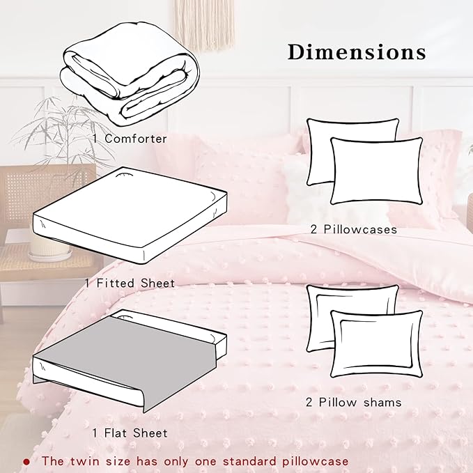 7 Pieces Tufted Dots Bed in a Bag Queen Comforter Set Girls Pink , Soft and Embroidery Shabby Chic Boho Comforters, Luxury Solid Color with Pom Pom Design, Jacquard Tufts Bedding Set for All Season - LeafyLoom