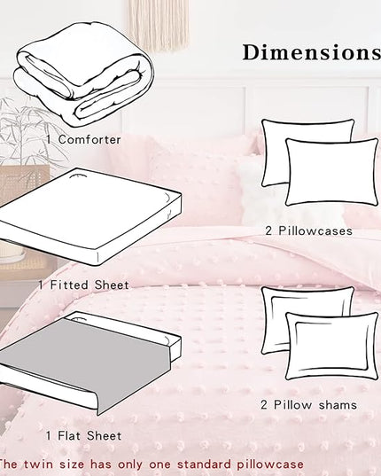 7 Pieces Tufted Dots Bed in a Bag King Comforter Set with Sheets Pink , Soft and Embroidery Shabby Chic Boho Comforters, Solid Color with Pom Pom Design, Jacquard Tufts Bedding Set for All Season - LeafyLoom