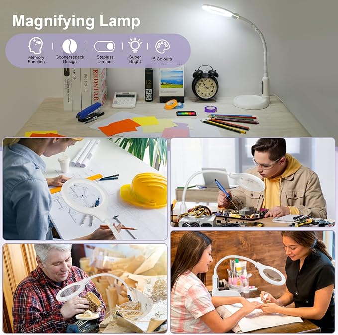 2-in-1 Magnifying Glass with Light and Stand, 5 Lighting Modes Stepless Dimmable LED Magnifying Clamp Lamp, 10X Desk Lighted Magnifier Hands Free for Craft Close Work Mini Painting Hobby White - LeafyLoom