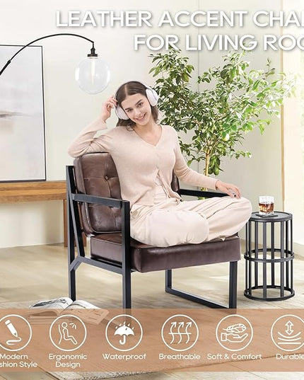 COLAMY Mid Century Modern Accent Chair, Comfy Living Room Chairs, Brown Leather Accent Chair, Faux Leather Reception Armchair with Metal Legs for Living Room Bedroom Reception Waiting Room, Brown - LeafyLoom