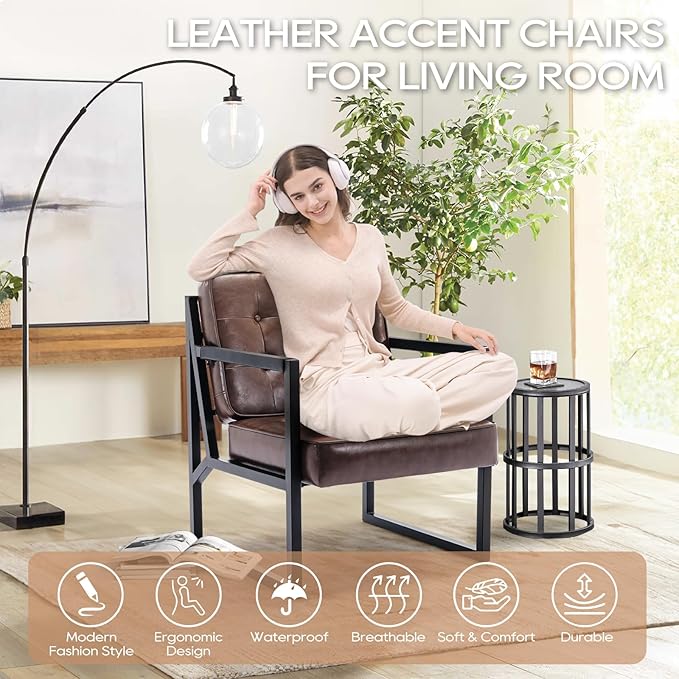 COLAMY Mid Century Modern Accent Chair Set of 2, Comfy Living Room Chair, Brown Leather Accent Chair, Faux Leather Reception Armchair with Metal Legs for Living Room Bedroom Reception Office, Brown - LeafyLoom
